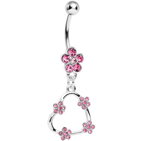 Pink Gem Heart And Flowers Dangle Belly Ring Bodycandy
