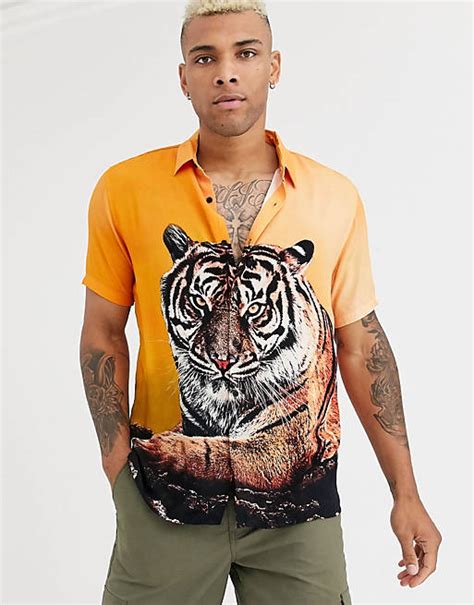 Bershka Shirt With Tiger Print In Orange Asos