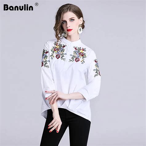 Banulin Vintage White Floral Embroidered Blouses For Women Loose Half
