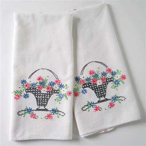 Vintage Kitchen Dish Towels Hand Embroidered By Lisabretrostyle