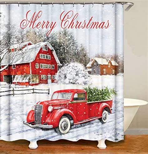 Amazon DOLASEV Red Truck Christmas Shower Curtains For Bathroom