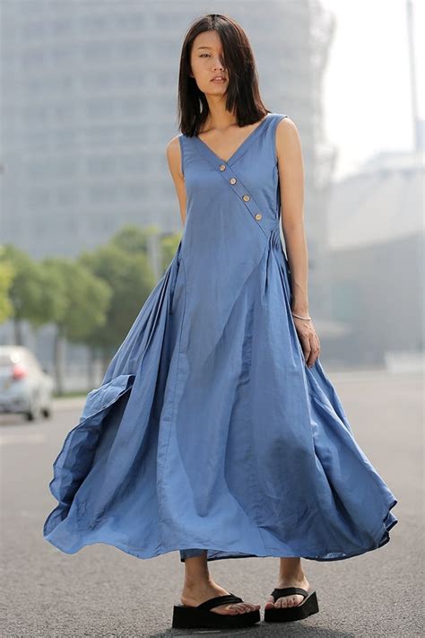 Blue Linen Dress Maxi Casual Summer Dress Long Length Etsy