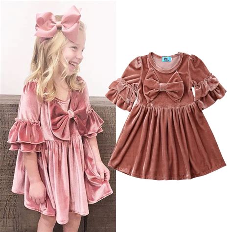 Pink Cute Toddler Baby Girls Clothes Bowknot Half Sleeve Velvet Dress
