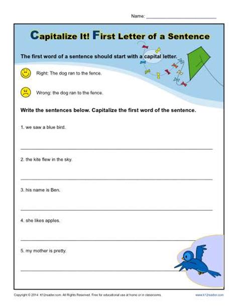 Kindergarten Capitalization Worksheet First Letter Of A Sentence
