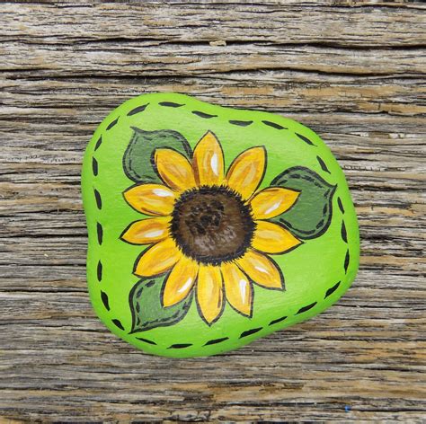 Sunflower On Green Painted Rock Decorative Accent Stone Etsy Hand