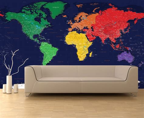 Dark Oceans World Political Map Wall Mural Miller Projection Map