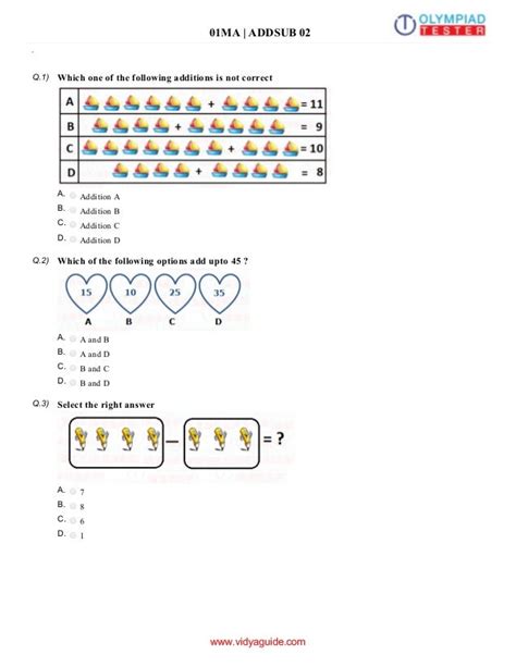 Class 1 Maths Olympiad Sample Papers Addition And Subtraction