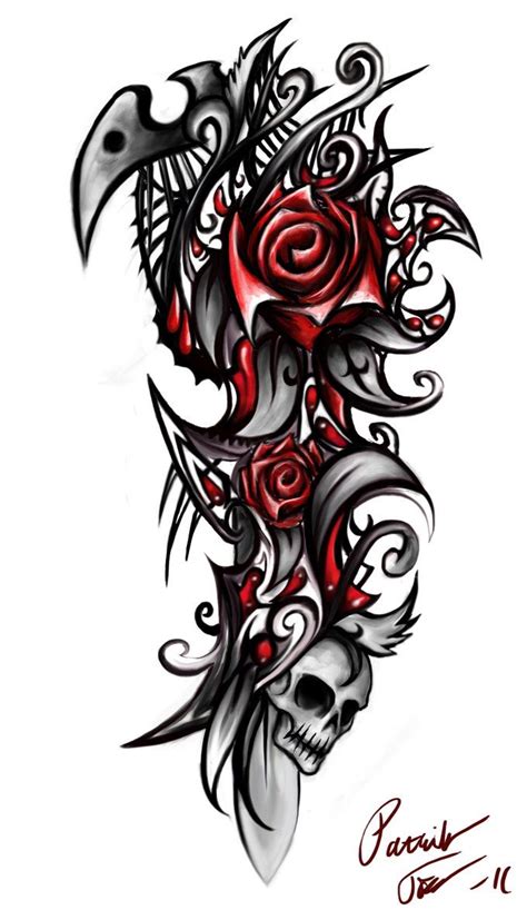 Roses and skulls are pretty popular designs even if you choose a typical skull tattoo or a sugar skull one. Rose skull | Tribal tattoos, Tribal rose tattoos, Skull ...