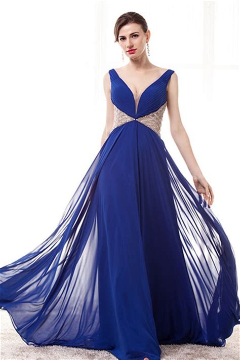Sexy Deep V Neck Long Royal Blue Chiffon Flowing Prom Dress With Beading