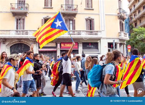 Barcelona Spain October 18 2019 A Man Raising Catalan Flag Is
