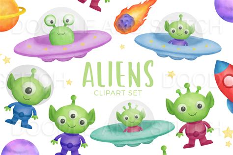 Cute Aliens Clipart Illustrations Masterbundles