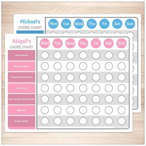 Personalized Chore Chart Bundle Pink Blue Weekly Pages Printable At