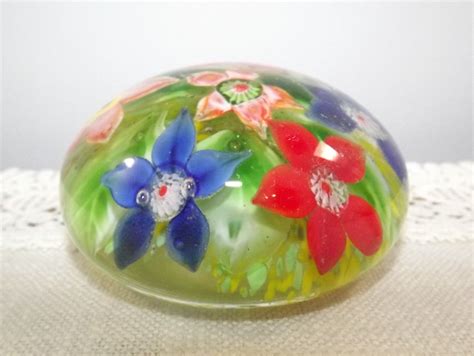 Vintage Art Glass Paperweight Featuring Spring Flowers Vintage Art Glass Art Glass