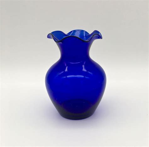 Vintage Cobalt Blue Hand Blown Ruffled Edge Vase Hand Blown Hand Blown Glass Glass Blowing