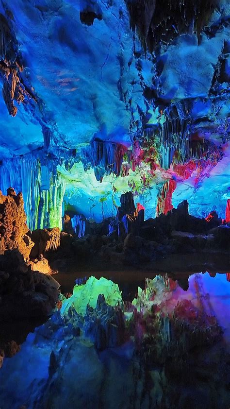 Colofrul Neon Lights In Reed Flute Cave China Wallpaper Backiee