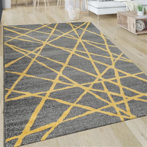 Teppich lisboa 27237655 fischgrätenmuster grau / gelb grau und silbertönen 80x150 cm. Kurzflor Teppich Linien Gelb Grau | Teppich.de