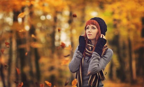 Wallpaper Leaves Women Outdoors Model Autumn Beauty Season