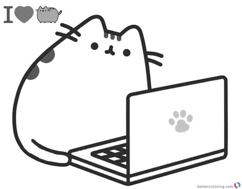 Pusheen Coloring Pages Playing Laptop Free Printable Coloring Pages