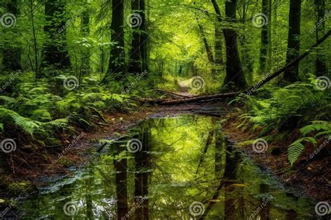 Puddle In A Forest Reflecting Surrounding Greenery Stock Photo Image