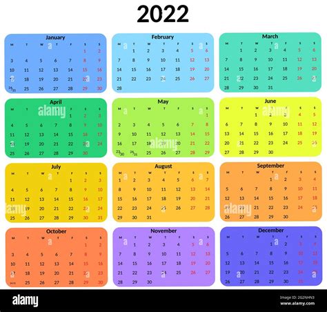 Calendar 2022 Year Vector Design Colorful Template On White Background