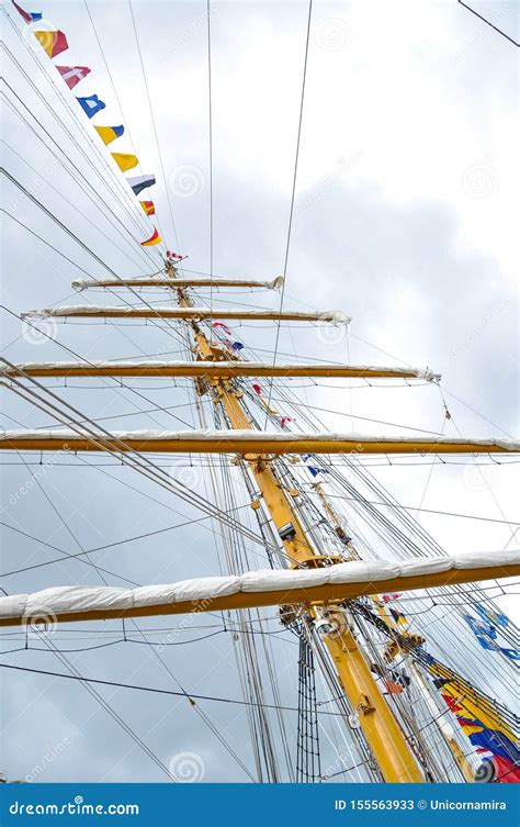 Masting Of Big Wooden Sailing Ship Detailed Rigging Without Sails