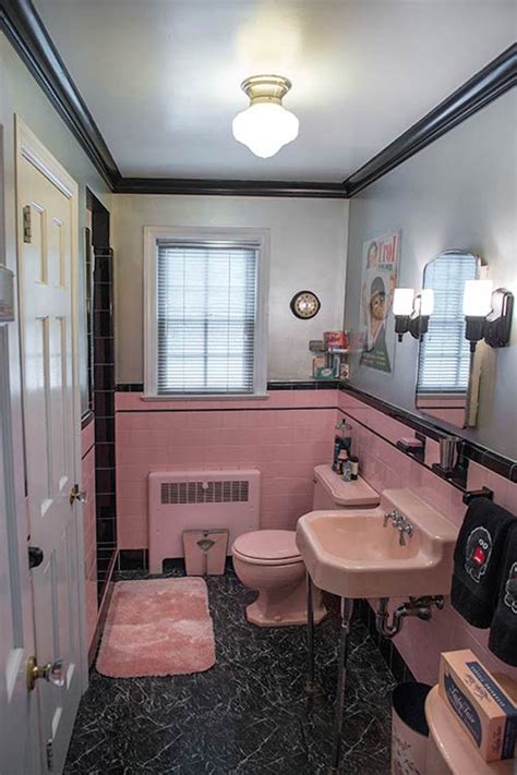 Striped wallpaper bathroom styling retro bathrooms pink bathroom tiles bathroom inspiration decor remodel bathroom decor bathroom interior design modern style master bathroom, also slated for remodel. Spectacularly Pink Bathrooms That Bring Retro Style Back