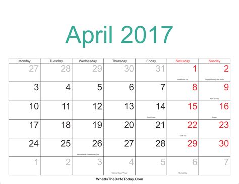 April 2017 Calendar Printable With Holidays Whatisthedatetodaycom