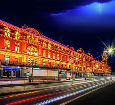 Flinder Train Street Station At Night In Melbourne In Australia