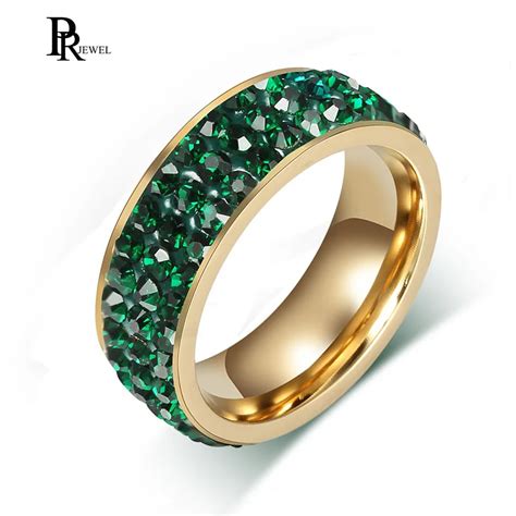 3 Row Shining Bright Full Green Crystals Ring Stainless Steel Wedding