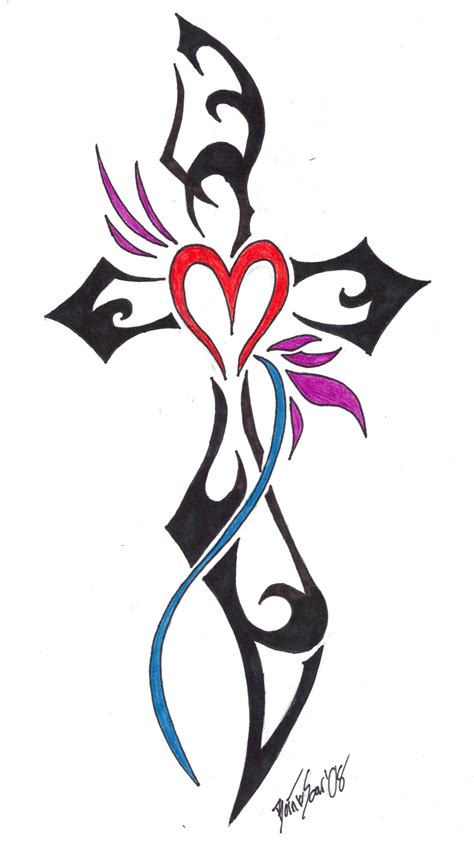 Tribal Cross With Heart Tattoo Design
