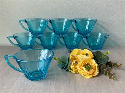 Vintage Hazel Atlas Capri Blue Tea Cups Set Of 8 MCM Capri Etsy