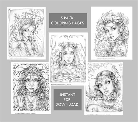 Fae Fairy Elf Faces 5 Pack Grayscale Coloring Pages Instant Etsy