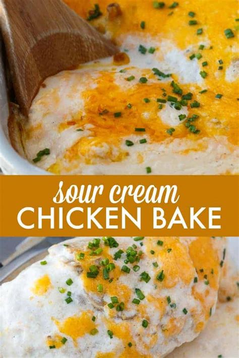 To make cheesy sour cream chicken sprinkle a little bit of shredded cheddar, mozzarella, or parmesan cheese over the chicken when you take it out of the oven. Sour Cream Chicken Bake - Simply Stacie