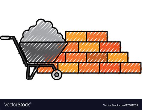 Construction Wall Brick With Wheelbarrow Cement Vector Image