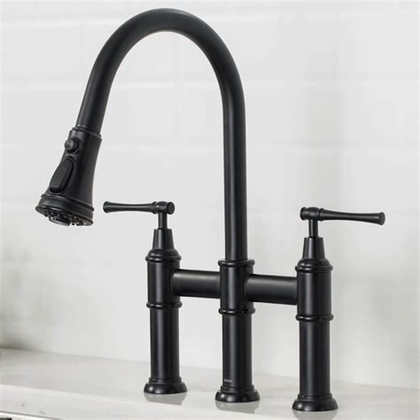 A black kitchen faucet is a bold statement piece in every setting. KRAUS Allyn Transitional 2-Handle Bridge Kitchen Faucet ...