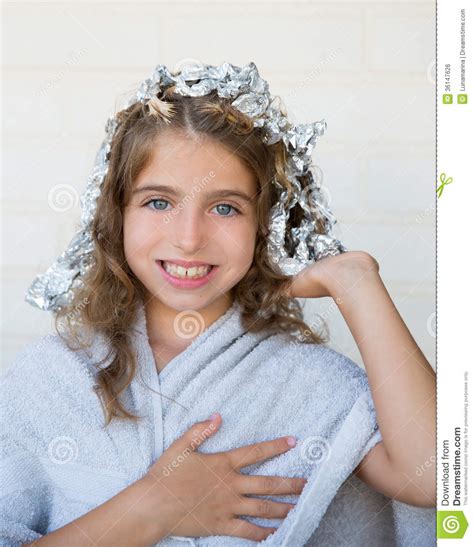 Funny Kid Girl Smiling With His Dye Hair With Foil Royalty
