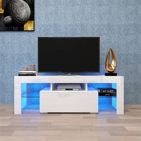 White Tv Stand For Living Room Modern Tv Stand With Led Light Tv Cabinet Media Storage Console