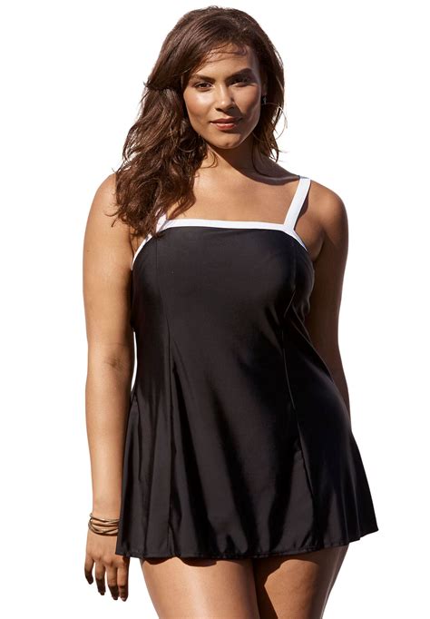 Banded Swimdress With Contrast Trim Plus Size Swim Dresses Woman Within