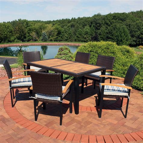 Sunnydaze Carlow Outdoor Dining Set 7 Piece Rattan And Acacia Outside