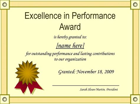 The Cool Outstanding Excellence In Performance Awards Certificate