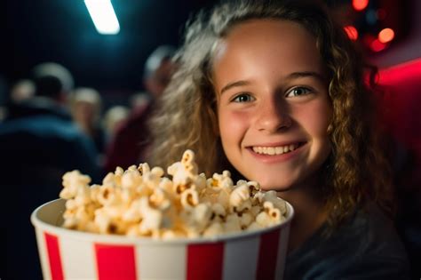 Fröhliches Mädchen Hält Einen Papiereimer Mit Süßem Popcorn Und Schaut Sich Im Kino Einen Film