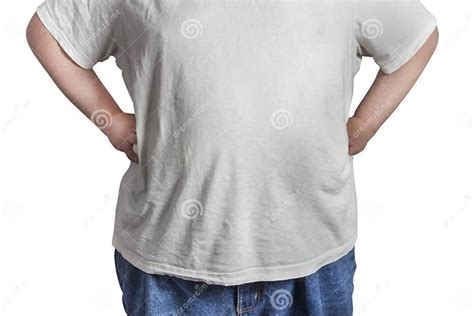 Overweight Man In Blue Jeans And White Shirt Stock Photo Image Of