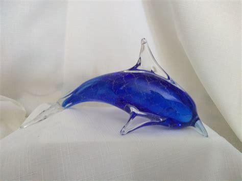 Blue Glass Hand Blown Dolphin Figurine Murano Style Etsy Blue Glass
