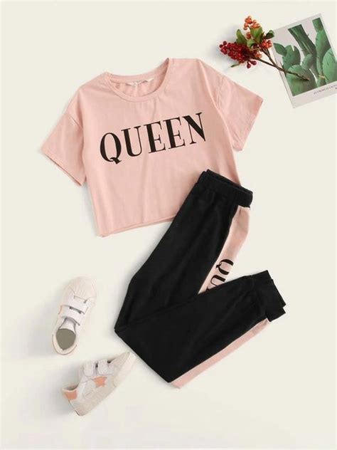 Girls Letter Graphic Top And Contrast Side Sweatpants Set Kidenhouse