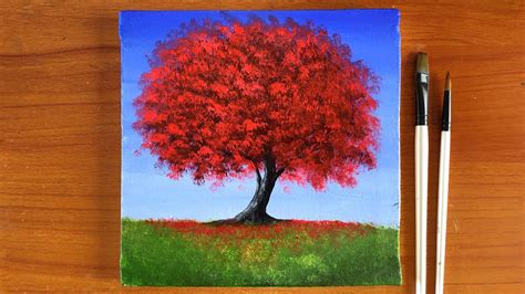 Red Tree Painting On Canvas Acrylic Painting For Beginners Youtube