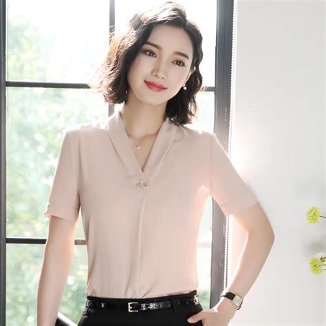 2017 Fashion Pink White Chiffon Blouse Short Sleeve Elegant Ladies Office Shirts Korean Women
