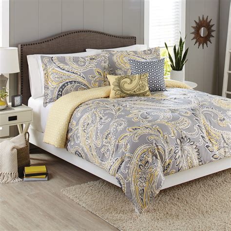 The set features a white geometric pattern, and the fabrics are made from cozy microfiber. Better Homes & Gardens Full Paisley Yellow & Grey ...