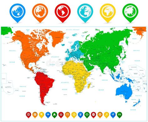 Detailed Vector World Map With Colorful Continents And Flat Map Stock