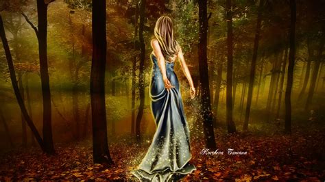 Art Girl Dress Back Hair Lights Magic Forest Trees Leaves