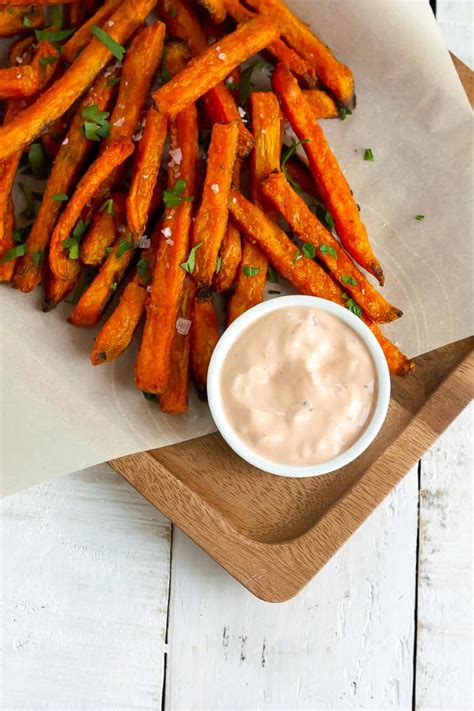 While they aren't necessarily super crispy (they're more like oven baked fries), they were gone within just a few minutes at my house. Sweet Potato Fries Dipping Sauce {Vegetarian} | Sustainable Cooks